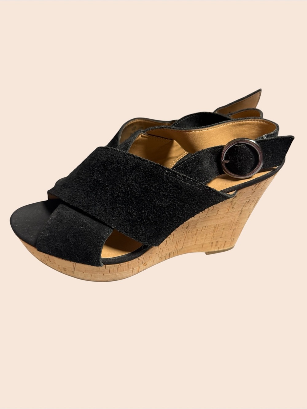 Franco Sarto Black Suede Crisscross Slingback Wedge Sandals 8